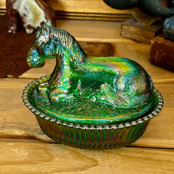 Mosser Glass Other - Horse Covered Candy Dish –Hunter Green Carnival 2 Piece Glass Horse on Ribbed Va